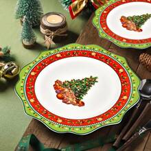 1 Pc Christmas Tree Scalloped Dinner Plate, Christmas Gatherings 10.5" Ceramic Dinner Plate, Or 8.5" Christmas Soup Plate, Set Of 1, Christmas Dinner Plate Soup Shallow Bowl, Holiday Designs, Multicolor, Large, Festive Holiday New Bone Porcelaine Plate With Christmas Tree & Green & Red Borders, Microwave, Dishwasher, Freezer, Oven - Collectible Holiday Tableware