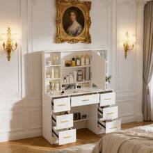 INS Cream Style  Scandinavian Solid Wood LED Makeup Mirror Desk - Dimmable LED Light, Large Drawer With Partition | 1-Piece Workstation For Girly Princess Vibe | Neat Storage For Cosmetics & Skincare | Fresh Aesthetic, In Stock & Fast Shopping - White - View 3