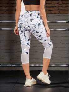 Quần tập yoga nâng ngực cạp cao dành cho nữ, họa tiết nhuộm tie-dye, có túi, phối lưới, thích hợp cho tập thể dục. - Đen và trắng - Xem 3