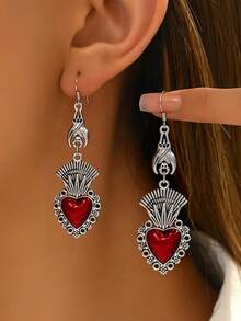 1 件复古迷人哥特式街头心形皇冠吊坠耳环，复古多魅力哥特式心形骷髅吊坠，粗链项链，耳环套装，红心，黑色万圣节珠宝礼物，情人节，妈妈，母亲节，礼物 - 霧面金 - 查看 2