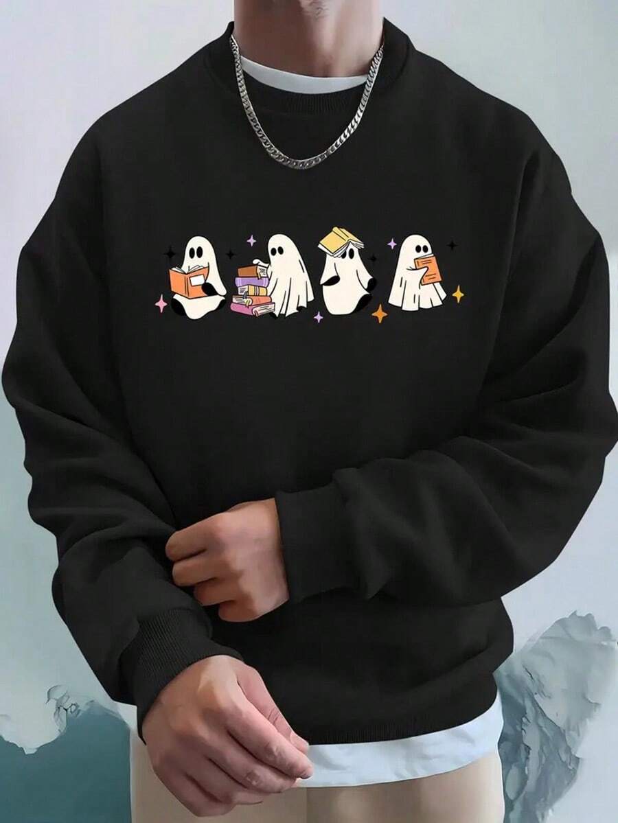 Halloween-Themed Polyester Sweatshirt For Men - Casual Sports Style With Long Sleeves, Round Neck, And Loose Fit - Knit Fabric, Ghost Design Sweatshirt For Fall And Winter,Fall Hoodies,Men's Fall Clothes,Street Wear,Halloween,Mens Hoodies,Y2k Clothes,Jesus Hoodie,Thanksgiving Day,Nightmare Before Christmas,Christmas - Black - View 1