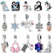 1 Pc Sliver Color Sparkling Winter Series Snowman Snowflake Ski Shoes Snow Boots Slippers Earflap Scarf Penguin Elk Polar Bear Charm Fit Original Bracelet Necklace Pendant Beads For Diy Jewelry Making Women Girl Christmas Party Jewelry Gift For Friends