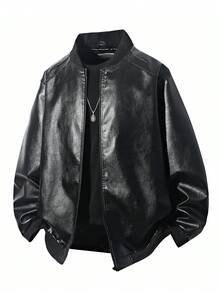 加大码PU皮夹克，棒球领休闲外套，四季皆宜 - 黑色 - 查看 5