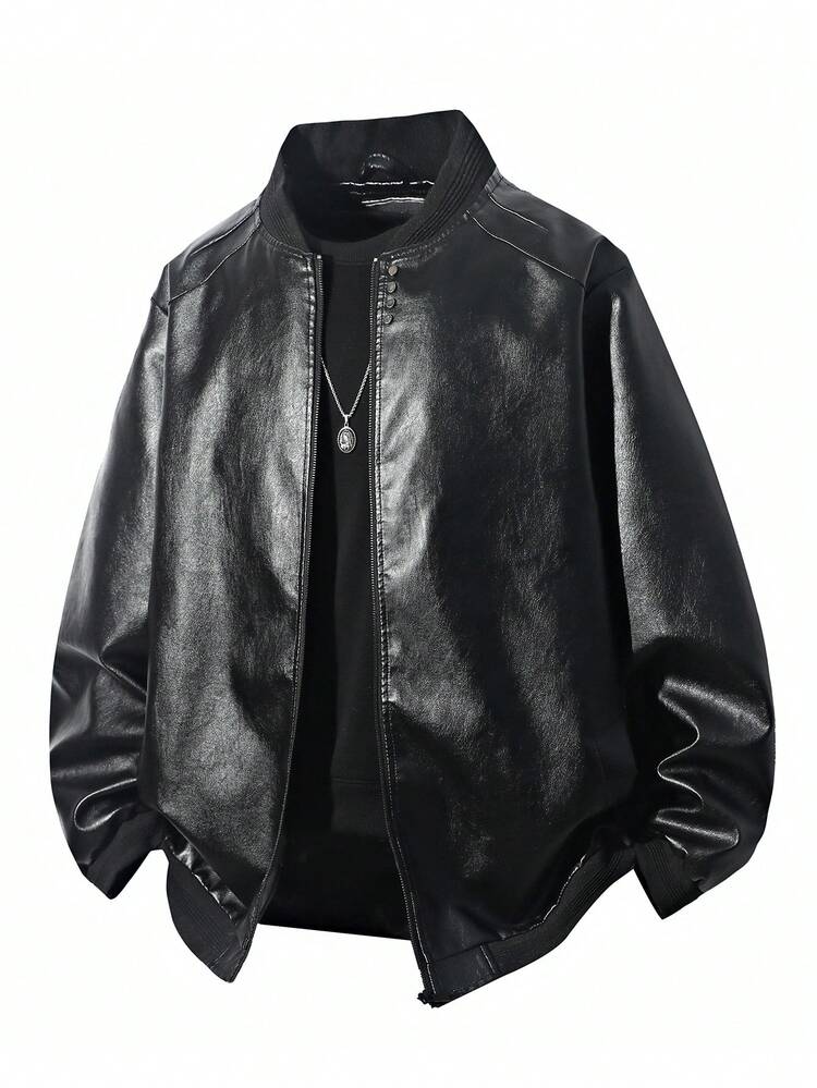 加大码PU皮夹克，棒球领休闲外套，四季皆宜 - 黑色 - 查看 5