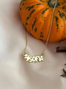 Colar Personalizado com Pingente de Abóbora, Colar com Pingente de Letra Personalizado em Aço Inoxidável, Joia de Moda Minimalista, Presente de Halloween, Natal, Aniversário - Dourado - Visão 15