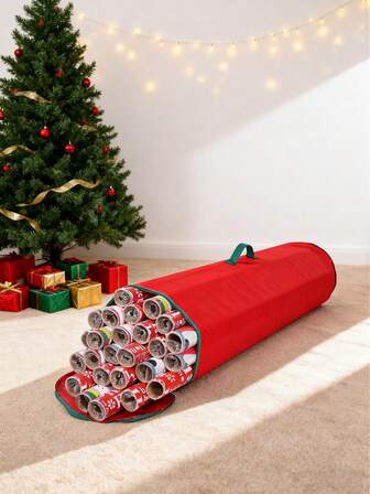 1 pièce Organisateur de papier cadeau de Noël rouge avec fermeture éclair et poignée, grand contenant cylindrique économisant l'espace, organisateur de papier d'emballage durable à ranger sous le lit, décoration de la maison, accessoires de stockage pour les fêtes.