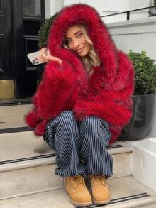 秋冬新款优雅高端时尚酒红色女士休闲仿皮草外套，长袖开襟连帽毛绒绒夹克，宽松短款时尚皮草上衣，适合秋冬季外出、新年夜、派对、约会、乡村、返校节、休闲、假日度假等场合穿着。 - 酒紅色 - 查看 5