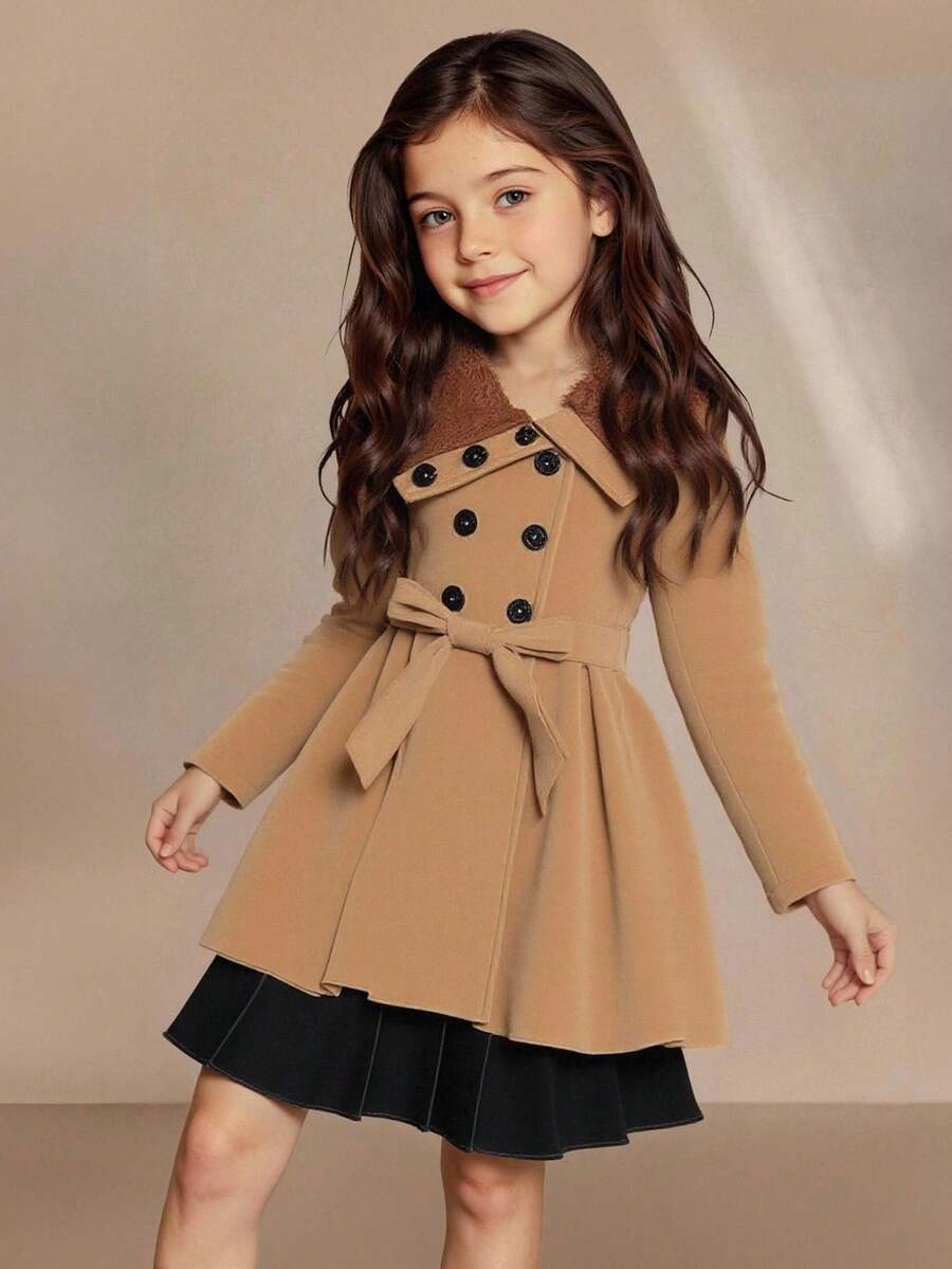 SHEIN 年轻女孩博格领双排扣束带大衣 - 卡其色 - 查看 1