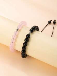 1pc Elegant Adjustable Beaded Bracelet With 8mm Natural Stone Beads In Pink And Black, Suitable For Teens, Boys, Girls, Daily Wear Or Gifts, Great For Mother's Day, Holidays, Best Friends, Couples