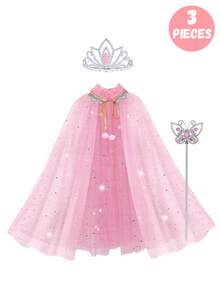 3 Peças Conjunto de Fantasia de Princesa, Varinha Mágica e Capa, Adequado para Meninas Pequenas se Fantasiarem, Jogos de Fantasia, Acessórios para Festas de Interpretação de Papéis em Feriados, É uma Escolha Ideal para Dar de Presente a Meninas