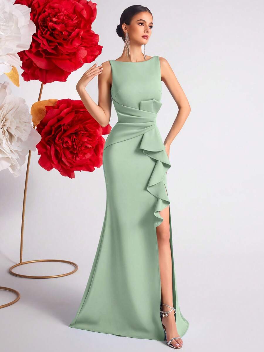Elisanya Solid Color High Waist Ruffle Hem Slit Open Back Cocktail Party Evening Dress - Green - View 1