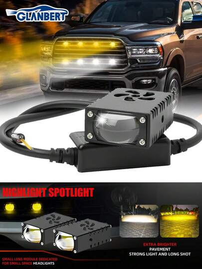 GLANBERT Superstarka grillljus, helljus/halvljus, miniprojektordimljus, lämplig för lastbil/bil/terräng/UTV/ATV/motorcykel, vita/gula arbetsdimljus