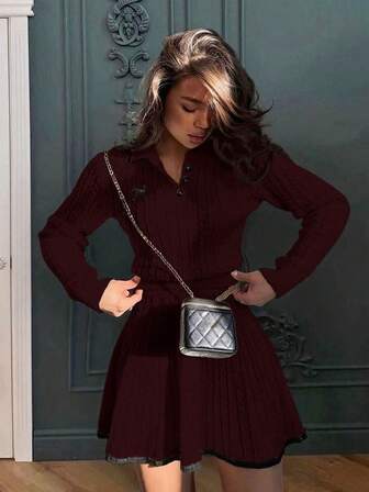 2pcs Women's Butterfly Embroidered Long Sleeve Polo Sweater And Knit Midi Skirt Set, Streetwear, Teacher Outfits, Suitable For Winter, Thanksgiving, Fall, Back To School, Party