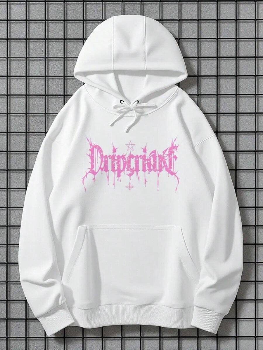 Demonized Print Hoodie - Long Sleeve, Knit Fabric, Relaxed Fit, Full Size, Fashionable Graphic Print, Perfect For Casual Outings And Daily Wear, Black White Red Grey Navy,Fall Hoodies,Men's Fall Clothes,Street Wear,Halloween,Mens Hoodies,Y2k Clothes,Jesus Hoodie,Thanksgiving Day,Nightmare Before Christmas,Christmas - White - View 1