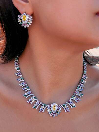 1 Set High-End Multicolor Cubic Zirconia Pave Feather Drop Luxury Wedding Necklace And Earrings Bridal Party Jewelry Sets For Women