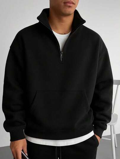 新款男士纯色简约百搭半拉链连帽衫时尚秋冬翻领休闲连帽衫