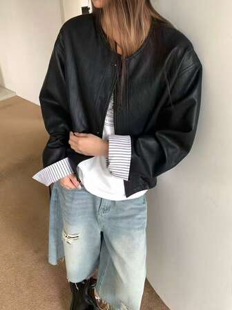 女式纯色前拉链纽扣休闲皮夹克