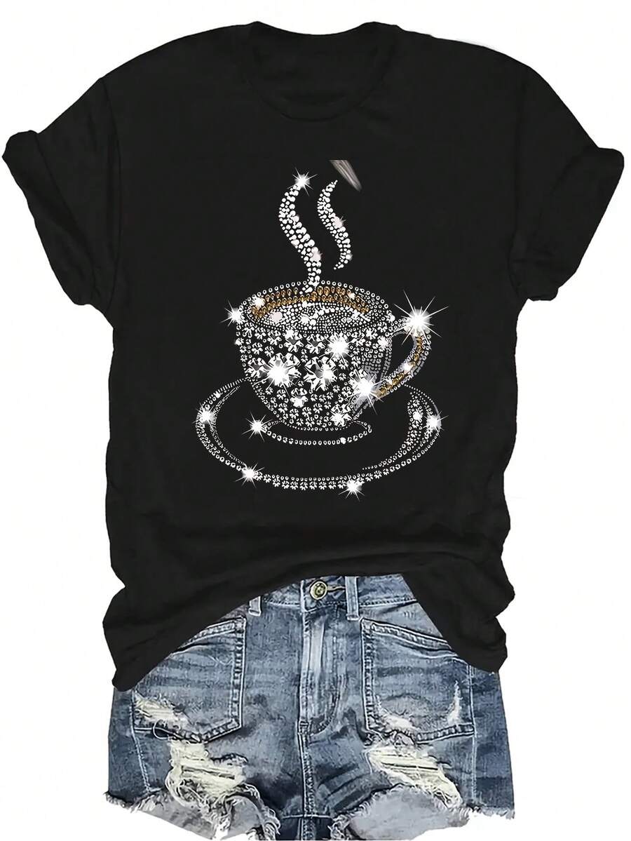[Camiseta de moda casual] Camiseta suave y cómoda para mujer - Taza de café brillante Estampado casual de manga corta y cuello redondo, regalo perfecto para la abuela y la mamá, uso casual de primavera y verano - Negro - Ver 1