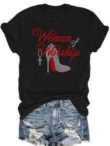 [Camiseta de Moda Casual] Camiseta de Mujer Suave y Cómoda - Diseño de Mujer con Rhinestones Casual de Manga Corta y Cuello Redondo, Regalo Perfecto para Abuela y Mamá, Uso Casual de Primavera y Verano - Negro - Ver 1