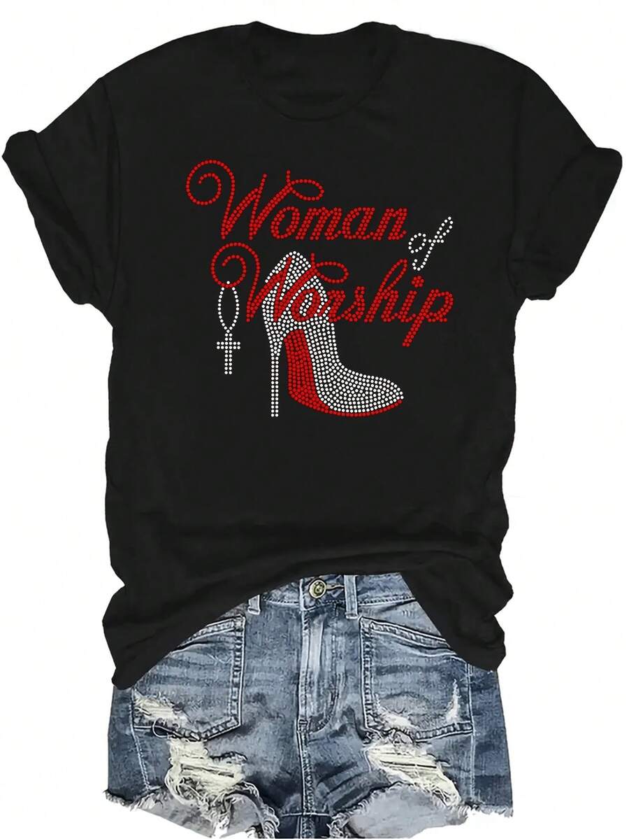 [Camiseta de Moda Casual] Camiseta de Mujer Suave y Cómoda - Diseño de Mujer con Rhinestones Casual de Manga Corta y Cuello Redondo, Regalo Perfecto para Abuela y Mamá, Uso Casual de Primavera y Verano - Negro - Ver 1