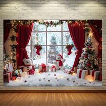 1 Stück, Weihnachts-Fotohintergrund Tuch - Lebendige ländliche Fensterszene mit Schneemännern, Bäumen und Geschenken - perfekt für Weihnachtspartys, Heimdekoration und Fotostudio-Requisiten