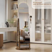 LVSOMT LED Arched Jewelry Cabinet With Mirror, 360° Rotating Standing Mirror With Jewelry Cabinets, Lockable Jewelry Mirror Cabinet With Lighting, Standing Wooden Jewelry Cabinet With 3-Tier Shelf - Dark Rustic Oak - 查看 8