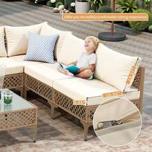 7-Piece Patio Furniture Set, Outdoor Wicker Conversation Set Sectional Sofa With Waterproof Thick Cushions & Coffee Table, For Backyard, Poolside, Garden, Porch, Yellow/Beige - Vàng/Be - Xem 4