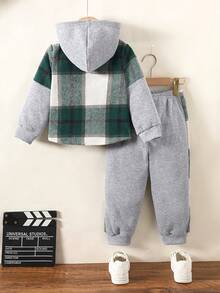 2 件套男童休闲装，格子拼布单排扣口袋连帽夹克 + 宽松长裤，加厚男童秋冬套装