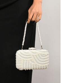 1pc Elegant & Romantic Faux Pearl Wedding/Evening Clutch Bag, Bridal Party Purse, Prom Handbag With Chain - Beige - View 1
