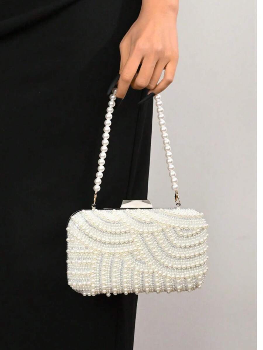 1pc Elegant & Romantic Faux Pearl Wedding/Evening Clutch Bag, Bridal Party Purse, Prom Handbag With Chain - Beige - View 1