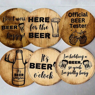 Set Of 6 Beer Themed Wooden Coasters - Non-Slip Drinks Mats For Home And Office Decorations, Great For Christmas Gatherings And Theme Parties, Kitchen Decorations, Kitchen Accessories, Table Decorations, Choose From 1, 2 Or 31 Sets