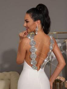 New Black Sexy Sleeveless Backless Heavy Industry Luxury Diamond Tight Long Bandage Dress Elegant Ladies Formal Dinner Party Dress - White - View 9