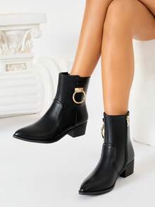 Bottines noires à boucle, à fermeture éclair latérale, à talon compensé, à bout pointu, chaudes et confortables, pour le bureau, pour femmes - Noir - Voir 11