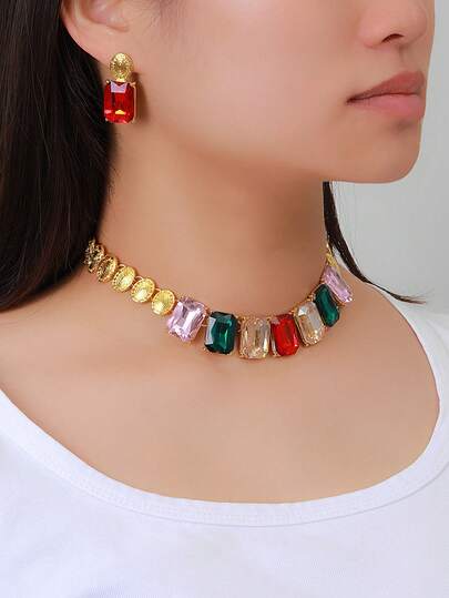 Conjunto de 3 peças de colar e brincos geométricos quadrados exagerados, colar minimalista de luxo para mulheres