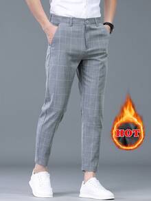 Thermal-Lined Plaid Button Detail Casual Pants For Men, Suitable For Outings, Vacations, Parties, Slim Fit, Autumn/Winter - Light Grey - View 4
