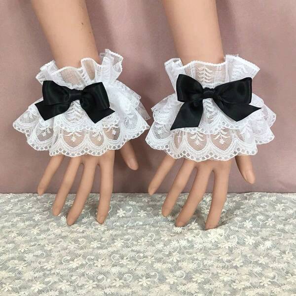Lace Ruffle Bow Decor Wrist Cuffs, Multi-Color, Maid Costume, Wedding Party