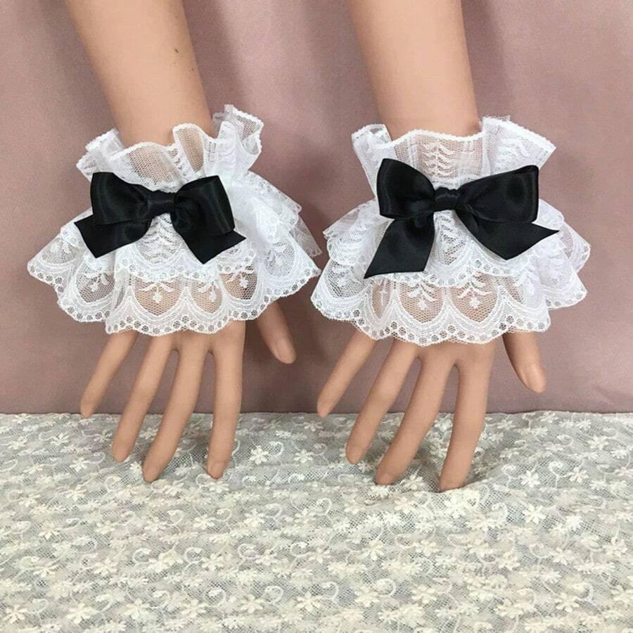 Lace Ruffle Bow Decor Wrist Cuffs, Multi-Color, Maid Costume, Wedding Party Summer - Multicolor - View 1