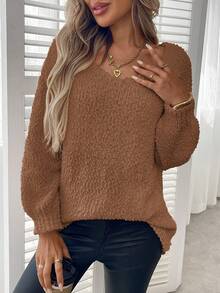 Plus Size Solid Color Crew Neck Casual Long Sleeve Knit Sweater - Brown - View 2