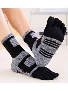 3双装男士加厚毛圈缓冲五指袜，保暖隔热五指袜，运动徒步袜，纯棉中筒袜，吸湿排汗，防滑，耐穿，及踝袜 - 彩色 - 查看 9