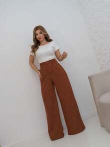 Stone Mode Tailored Linen Wide Leg Pants - Rust Brown - View 3