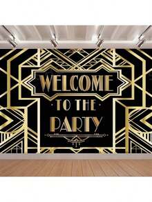 1 Stück Vintage Gatsby Willkommen zur Party Hintergrund, Polyestermaterial, Schwarz und Gold Thema, Schwarz und Gold geometrisches Design, geeignet für allgemeine Party Dekorationshintergrund, Foto-Requisiten