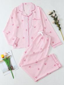 2pcs/Set Women Striped Bow Print Long Sleeve Pajama Set, Collared Top And Bowknot Pants, Autumn/Winter, Fall Clothes