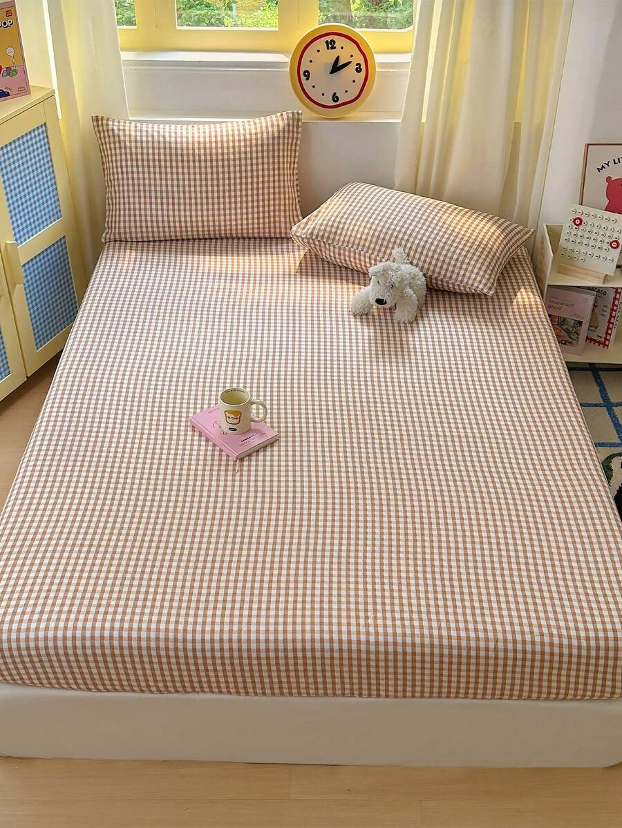 3 件套床上用品，棋盘格图案，柔软舒适，包含 1 件床笠和 2 件枕套，无填充物，适合宿舍、卧室、家庭使用，多种尺寸可选 - 咖色 - 查看 1