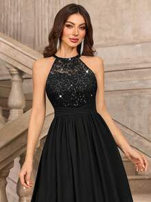 MIUSOL Đầm maxi dự tiệc trang trọng, hở lưng, xếp ly, chất liệu chiffon đính sequin và ren hoa, thích hợp cho khách dự đám cưới, lễ tốt nghiệp, tiệc chiêu đãi và các dịp khác, màu đen mùa xuân, thích hợp cho ngày Valentine. - màu đen - Xem 9