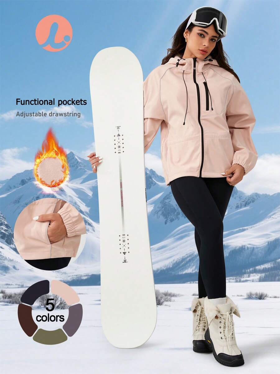 Leorrey 1件女款休閒百搭高階立領連帽拉鍊條紋設計滑雪外套,適合健身跑步運動騎行,長袖冬季運動外套 - 粉色 - 查看 1