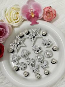 22 piezas/Set Nuevos accesorios decorativos de alta calidad con diamantes en serie de pentagramas y amor en plata de moda para zapatos con agujeros - Paraguas de diamante, mariposa, caballo mecedora de diamante holográfico, perla 3D, hebillas de zapato desmontables, plástico ABS para zapatos con agujeros, playa, hogar, exterior, verano