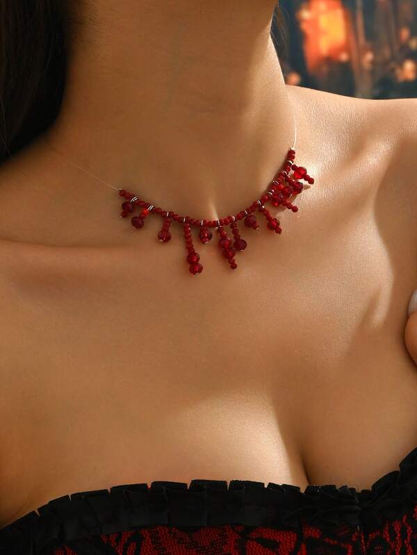 1 Stück Vintage Gothic Halloween Halskette, Horror Blut Halskette mit künstlichem rotem Kristall Quaste, dunkel kantiger Schmuckstil Geschenk für Frauen, geeignet für Halloween Party, Thanksgiving, Nachtclub