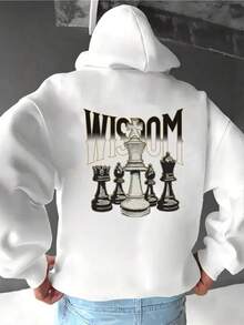 Men'S Large Hooded Sweatshirt - Black With Golden Chess Pieces Back Print - Heavyweight Pullover Hoodie For Casual & Formal Wear - Everyday Essential Hoodie For Chess Players & Strategy Game Fans,Fall Hoodies,Men's Fall Clothes,Street Wear,Halloween,Mens Hoodies,Y2k Clothes,Jesus Hoodie,Thanksgiving Day,Nightmare Before Christmas,Christmas - 白色 - 查看 1