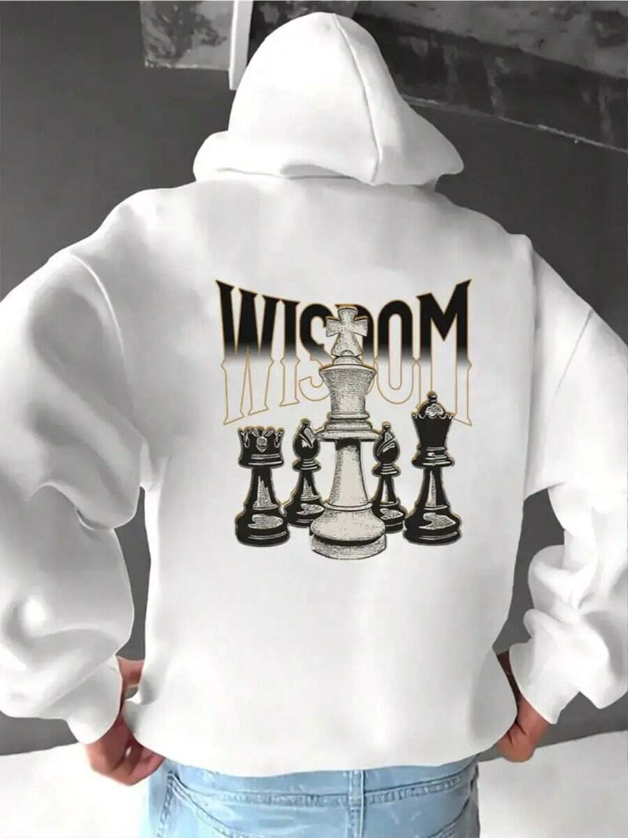 Men'S Large Hooded Sweatshirt - Black With Golden Chess Pieces Back Print - Heavyweight Pullover Hoodie For Casual & Formal Wear - Everyday Essential Hoodie For Chess Players & Strategy Game Fans,Fall Hoodies,Men's Fall Clothes,Street Wear,Halloween,Mens Hoodies,Y2k Clothes,Jesus Hoodie,Thanksgiving Day,Nightmare Before Christmas,Christmas - 白色 - 查看 1