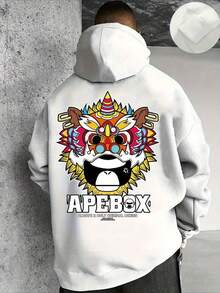 Men's Lion Dance Graphic Hooded Sweatshirt - Loose Fit Streetwear Pullover With Pockets, Beige & Multicolor Cultural Print, Machine Washable Casual Winter Sweater For Festivals & Casual Attire,Fall Hoodies,Men's Fall Clothes,Street Wear,Halloween,Mens Hoodies,Y2k Clothes,Jesus Hoodie,Thanksgiving Day,Nightmare Before Christmas,Christmas - trắng - Xem 1